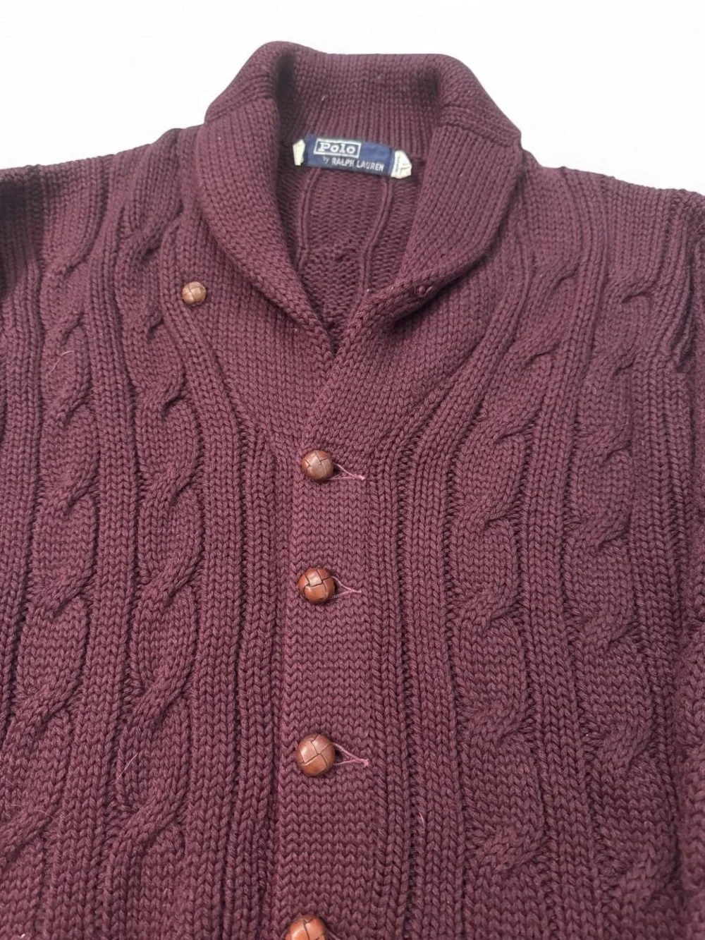 VTG 90s Polo Ralph Lauren cable knit chunky wool cardigan sweater burgundy 42 M